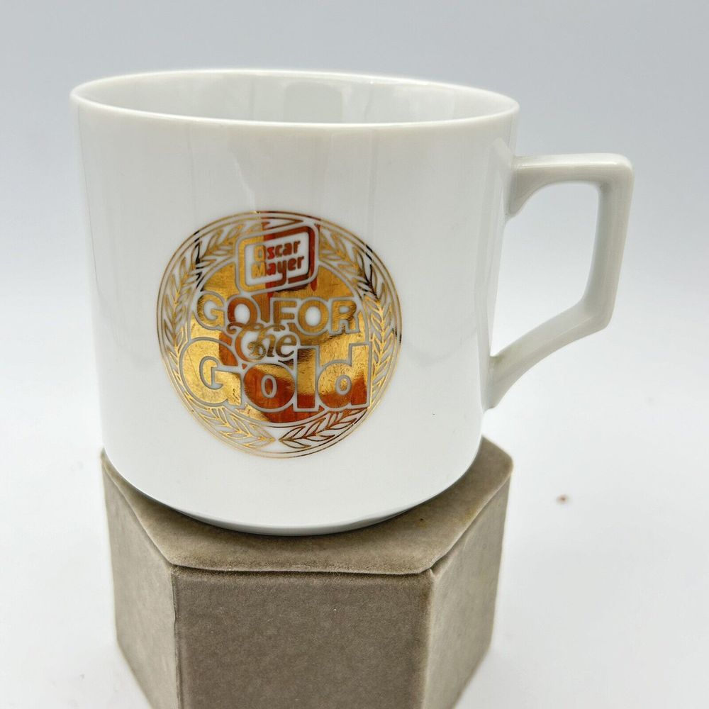 Vtg OSCAR MEYER - Go For The Gold  Coffee Tea Mug Cup White Gold‎ Wiener Hot Dog
